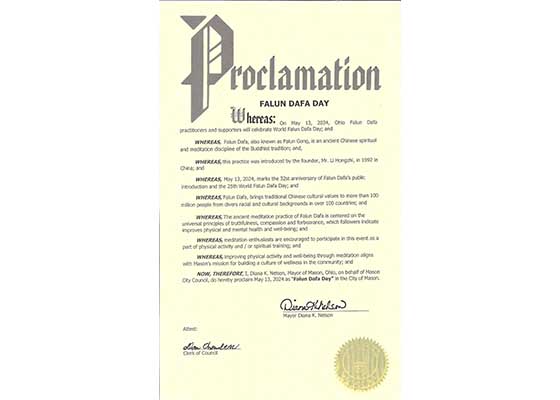 Image for article Ohio, USA: Starostka města Mason vyhlásila den Falun Dafa